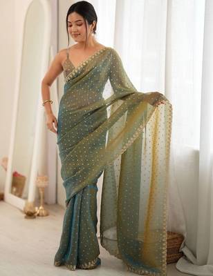 Teal embellished zari poly chiffon designer saree 2