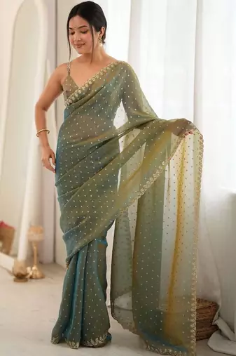 Teal embellished zari poly chiffon designer saree