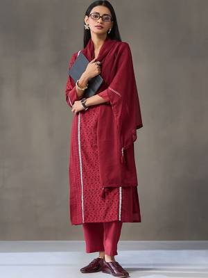 tailored women embroidered regular chikankari cotton kurta with trousers & with dupatta 1