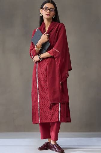 tailored women embroidered regular chikankari cotton kurta with trousers & with dupatta