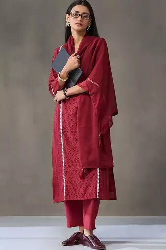 tailored women embroidered regular chikankari cotton kurta with trousers & with dupatta