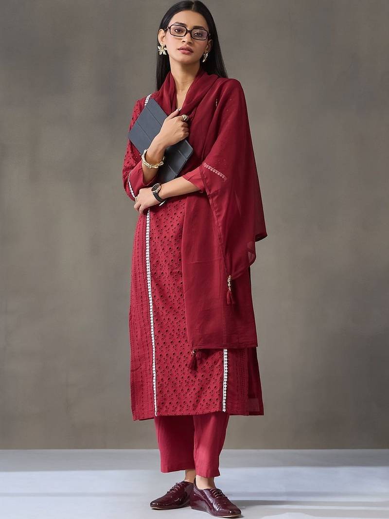 tailored women embroidered regular chikankari cotton kurta with trousers & with dupatta