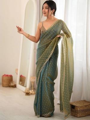 Teal embellished zari poly chiffon designer saree 3
