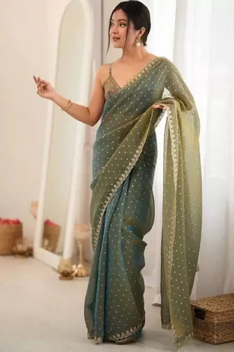 Teal embellished zari poly chiffon designer saree