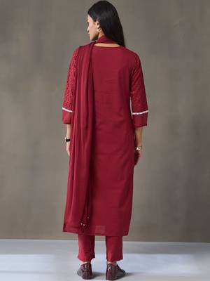 tailored women embroidered regular chikankari cotton kurta with trousers & with dupatta 2