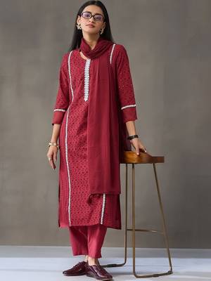 tailored women embroidered regular chikankari cotton kurta with trousers & with dupatta 3