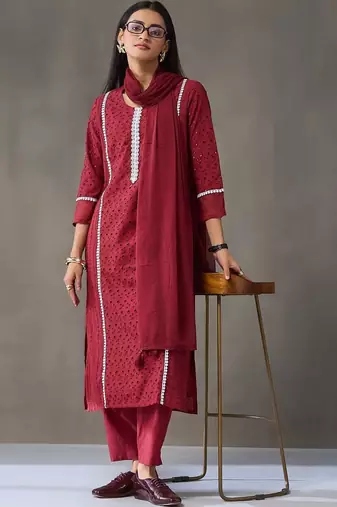 tailored women embroidered regular chikankari cotton kurta with trousers & with dupatta
