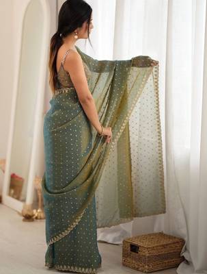 Teal embellished zari poly chiffon designer saree 4