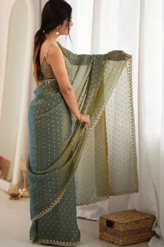 Teal embellished zari poly chiffon designer saree