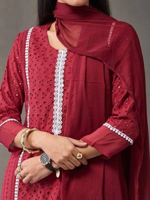 tailored women embroidered regular chikankari cotton kurta with trousers & with dupatta 5