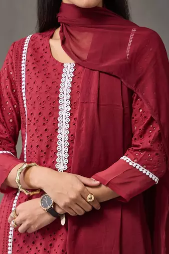 tailored women embroidered regular chikankari cotton kurta with trousers & with dupatta