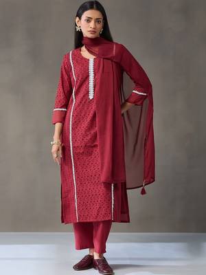 tailored women embroidered regular chikankari cotton kurta with trousers & with dupatta 6