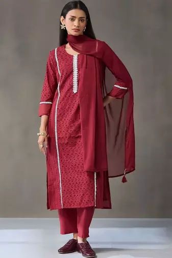 tailored women embroidered regular chikankari cotton kurta with trousers & with dupatta