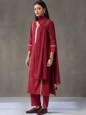 tailored women embroidered regular chikankari cotton kurta with trousers & with dupatta 7