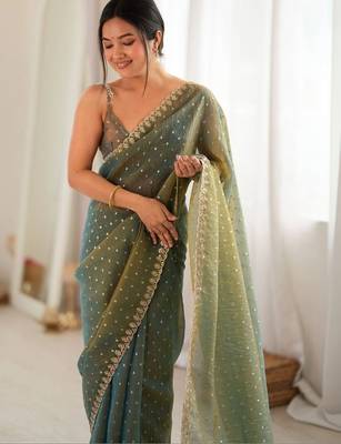 Teal embellished zari poly chiffon designer saree 5
