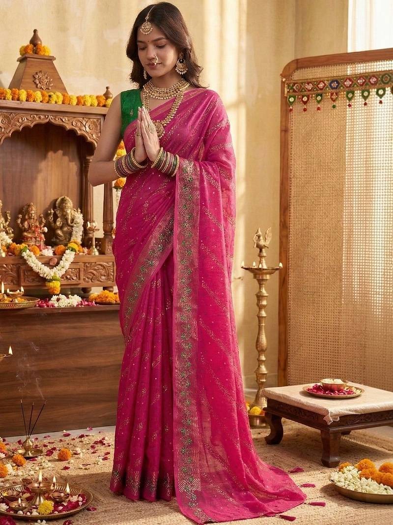 Pink leheriya zari designer saree