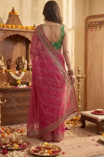 Pink leheriya zari designer saree