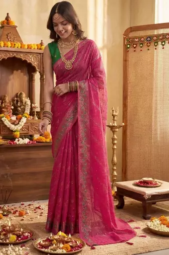 Pink leheriya zari designer saree