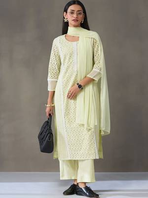 workwear women ethnic motifs embroidered regular chikankari cotton kurta with palazzos & with dupatta 1