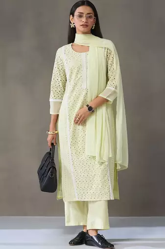 workwear women ethnic motifs embroidered regular chikankari cotton kurta with palazzos & with dupatta
