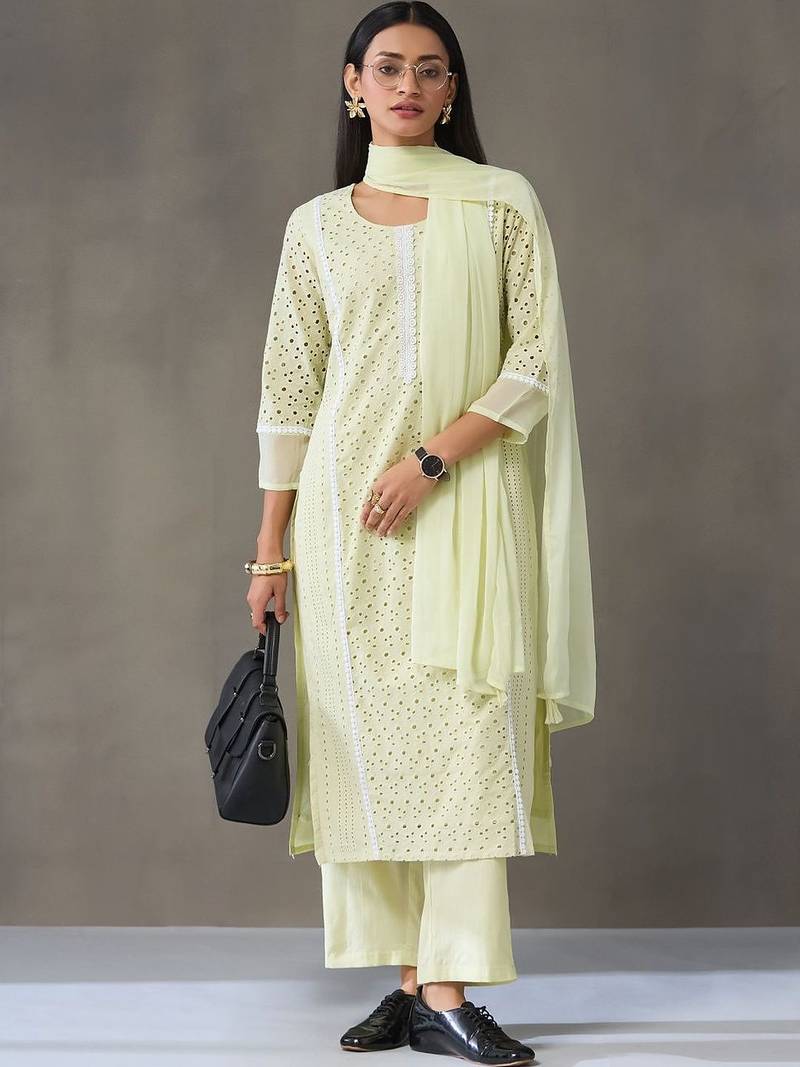 workwear women ethnic motifs embroidered regular chikankari cotton kurta with palazzos & with dupatta