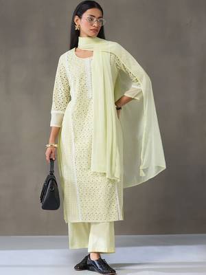 workwear women ethnic motifs embroidered regular chikankari cotton kurta with palazzos & with dupatta 3