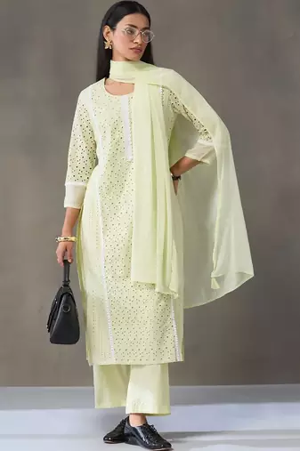 workwear women ethnic motifs embroidered regular chikankari cotton kurta with palazzos & with dupatta