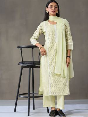 workwear women ethnic motifs embroidered regular chikankari cotton kurta with palazzos & with dupatta 6