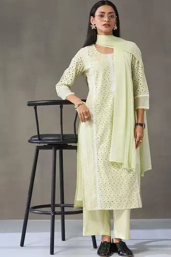 workwear women ethnic motifs embroidered regular chikankari cotton kurta with palazzos & with dupatta