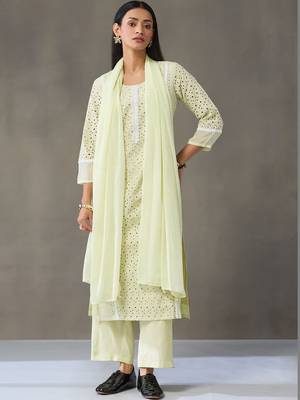 workwear women ethnic motifs embroidered regular chikankari cotton kurta with palazzos & with dupatta 7