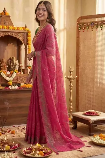 Pink leheriya zari designer saree