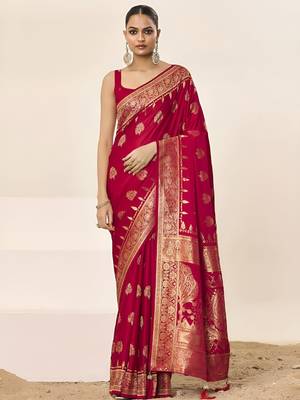 Pink ethnic motifs woven design zari satin saree 1