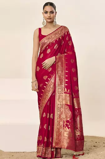 Pink ethnic motifs woven design zari satin saree