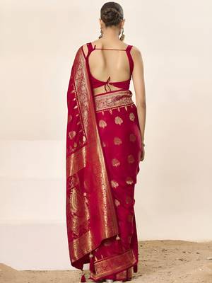Pink ethnic motifs woven design zari satin saree 2