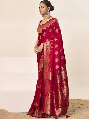 Pink ethnic motifs woven design zari satin saree 3