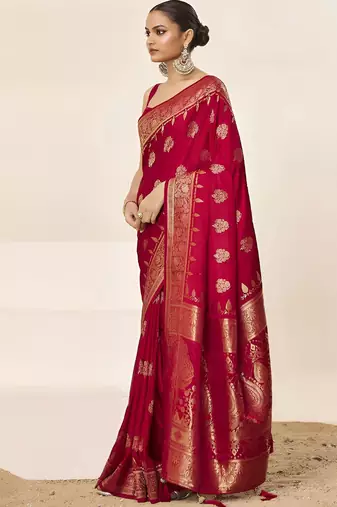 Pink ethnic motifs woven design zari satin saree