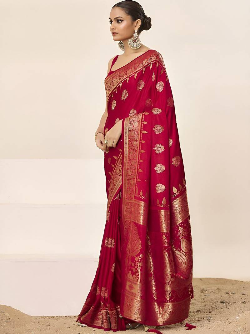 Pink ethnic motifs woven design zari satin saree