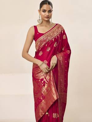 Pink ethnic motifs woven design zari satin saree 4