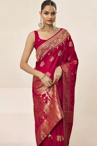 Pink ethnic motifs woven design zari satin saree