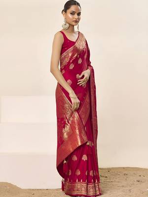 Pink ethnic motifs woven design zari satin saree 5
