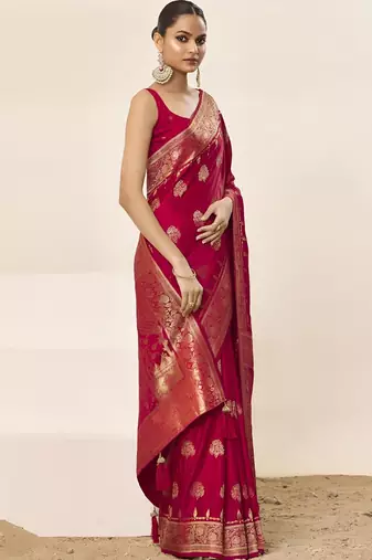 Pink ethnic motifs woven design zari satin saree