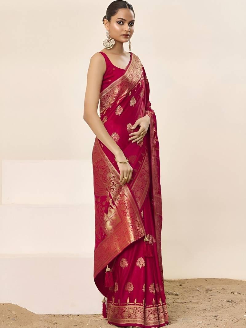 Pink ethnic motifs woven design zari satin saree