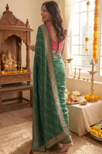 Green leheriya zari designer saree
