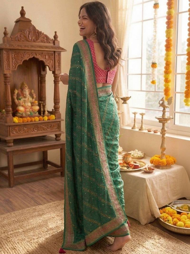 Green leheriya zari designer saree