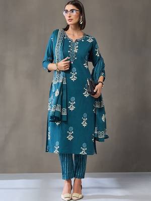 formal women floral printed regular cotton kurta with trousers & with dupatta 1