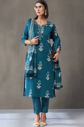 formal women floral printed regular cotton kurta with trousers & with dupatta