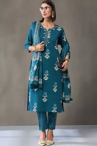 formal women floral printed regular cotton kurta with trousers & with dupatta
