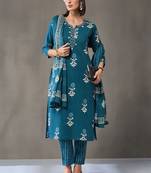 formal women floral printed regular cotton kurta with trousers & with dupatta