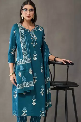 formal women floral printed regular cotton kurta with trousers & with dupatta