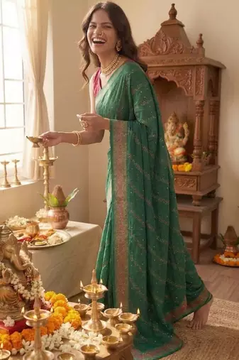 Green leheriya zari designer saree